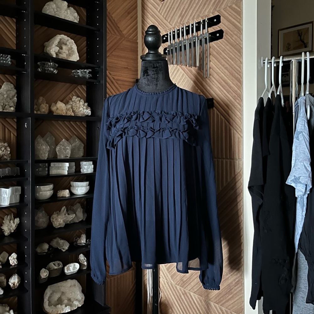 Deep Navy Blue Pleated Long Sleeve Endless Rose Vici Blouse